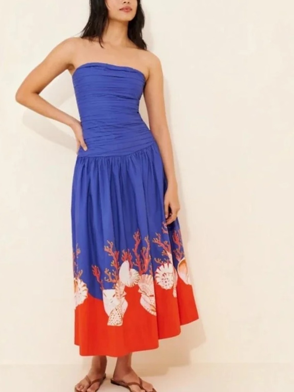Camila Coelho Strapless Royal Blue Midi Dress with Coral Border